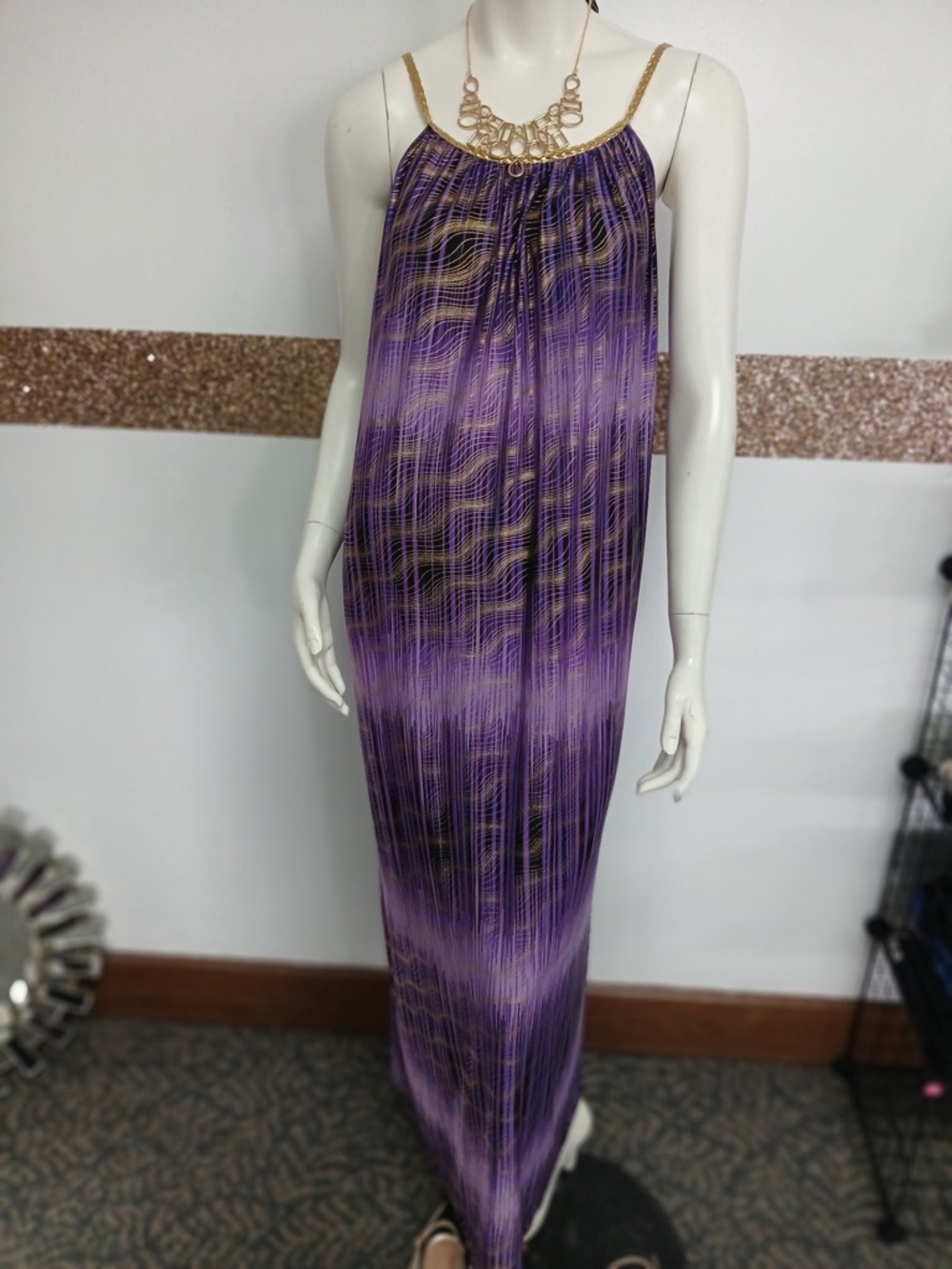 Purple and Black Maxi Slip Dress with Gold Straps
